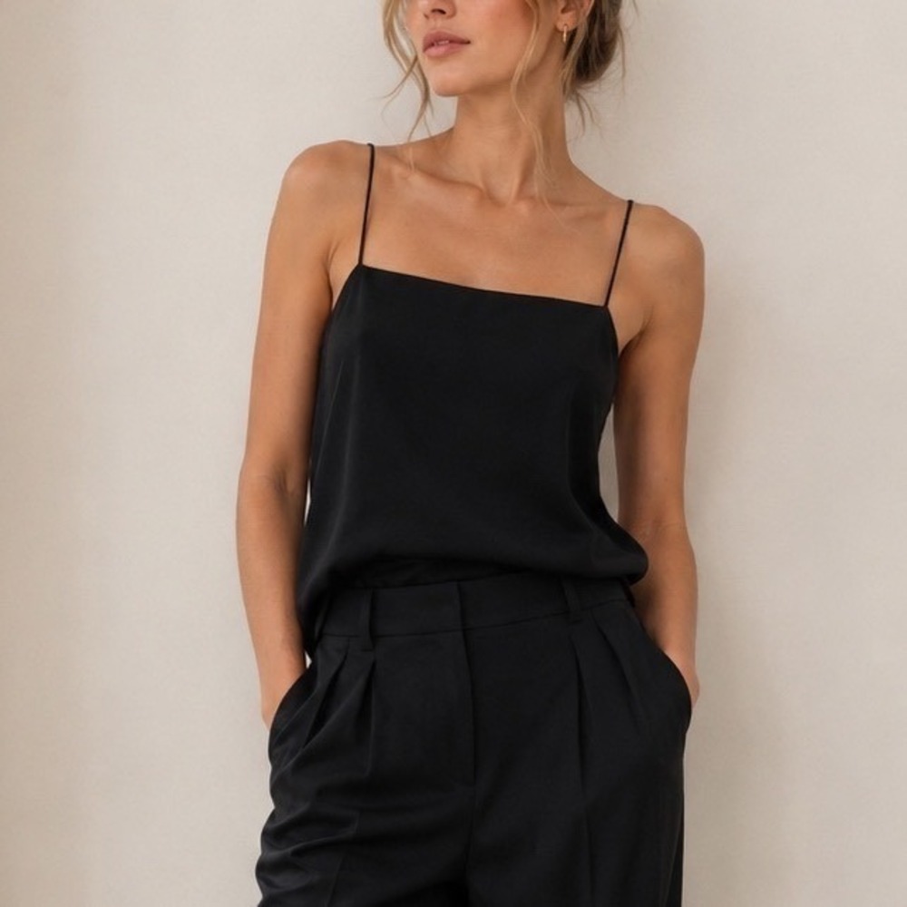 AYR The Tini Women's 0 Black Silk Cami Top Spaghetti Strap Lined Minimalist Chic
